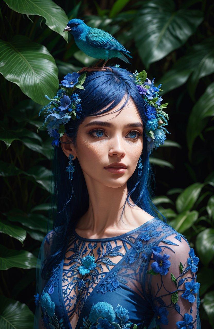 fashion photography portrait of blue human avatar, in blue lush jungle with flowers and birds, 3d render, cgi, symetrical, octane render, 35mm, bokeh, 9:16, (intricate details:1.12), hdr, (intricate details, hyperdetailed:1.15), (natural skin texture, hyperrealism, soft light, sharp:1.2)