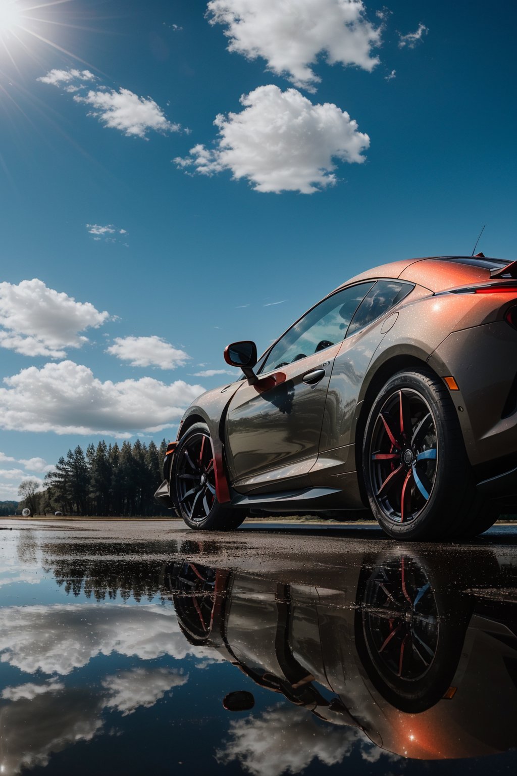 masterpiece,photo of landscape, sunny weather,(sports car,color {blue and red incandescent}), 8k,hdr, high quality, film grain,reflection masterpiece, vivid colours , weather ,puddles