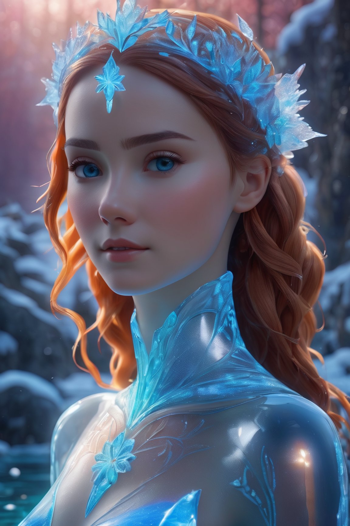 the frozen, woman water body, nature, subsurface scattering, transparent, translucent skin, glow, bloom, Bioluminescent liquid,3d style,cyborg style,Movie Still,Leonardo Style, warm color, vibrant, volumetric light,dfdd,Xxmix_Catecat,xxmix_girl,3d