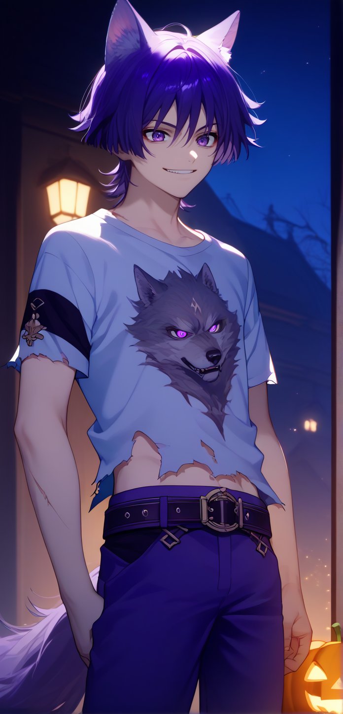 Score_9,score_8_up,score_7_up,Highly detailed, masterpiece, high quality, beautiful, high resolution, good details,1boy,solo,male focus,wolf tail,wolf ears,striped t-shirt,torn clothes,belt,purple pants,cementery,scars,bandages,night,halloween,smile,mezcla5v2,scara,short hair,bangs,purple eyes,purple hair,hair between eyes