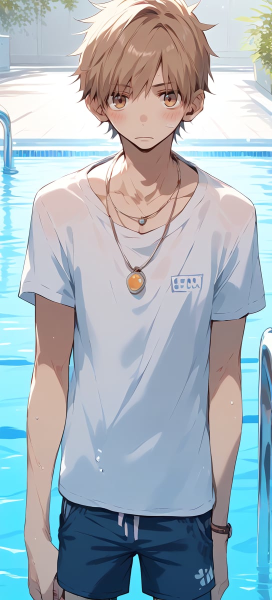 Score_9,score_8_up,score_7_up,Highly detailed, masterpiece, high quality, beautiful, high resolution, good details,1boy,solo,male focus,t-shirt,shorts,standing,blush,necklace,pool,RCI