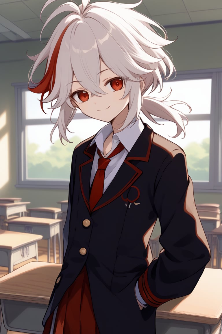 1boy,solo,male focus,smile,kaedehara kazuha,red hair,white hair,multicolor hair,streaked hair,bangs,hair between eyes,red eyes,ponytail,antenna hair,sasoritagame,smile,classroom,school uniform,desk,necktie,