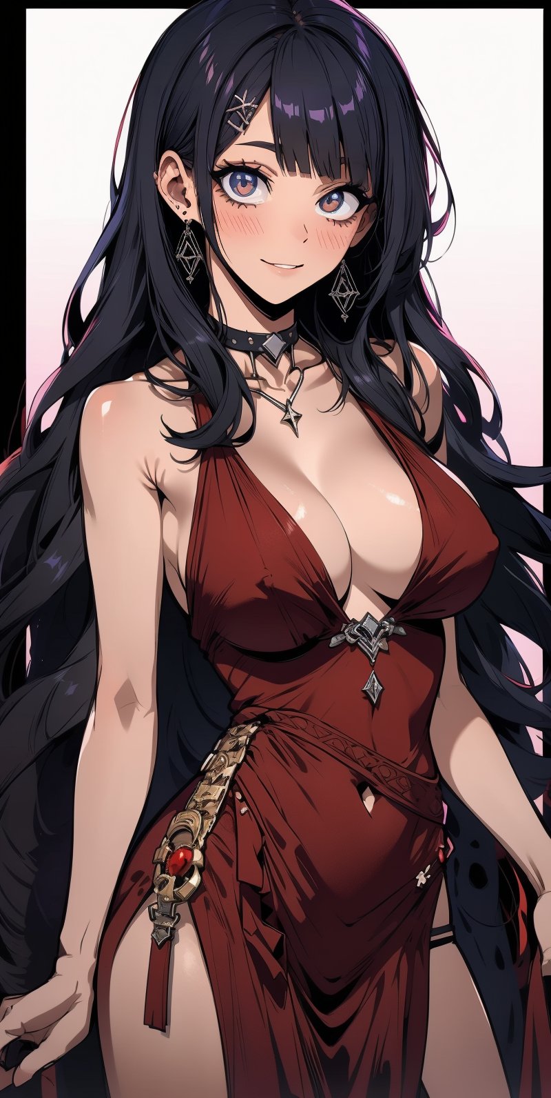 gothic style, brown skin, blush, black hair, bangs, tender smile, dark clothes, large breasts quality, beauty_mark, cleavage, red dress with two high front slits, 4k good quality package, 