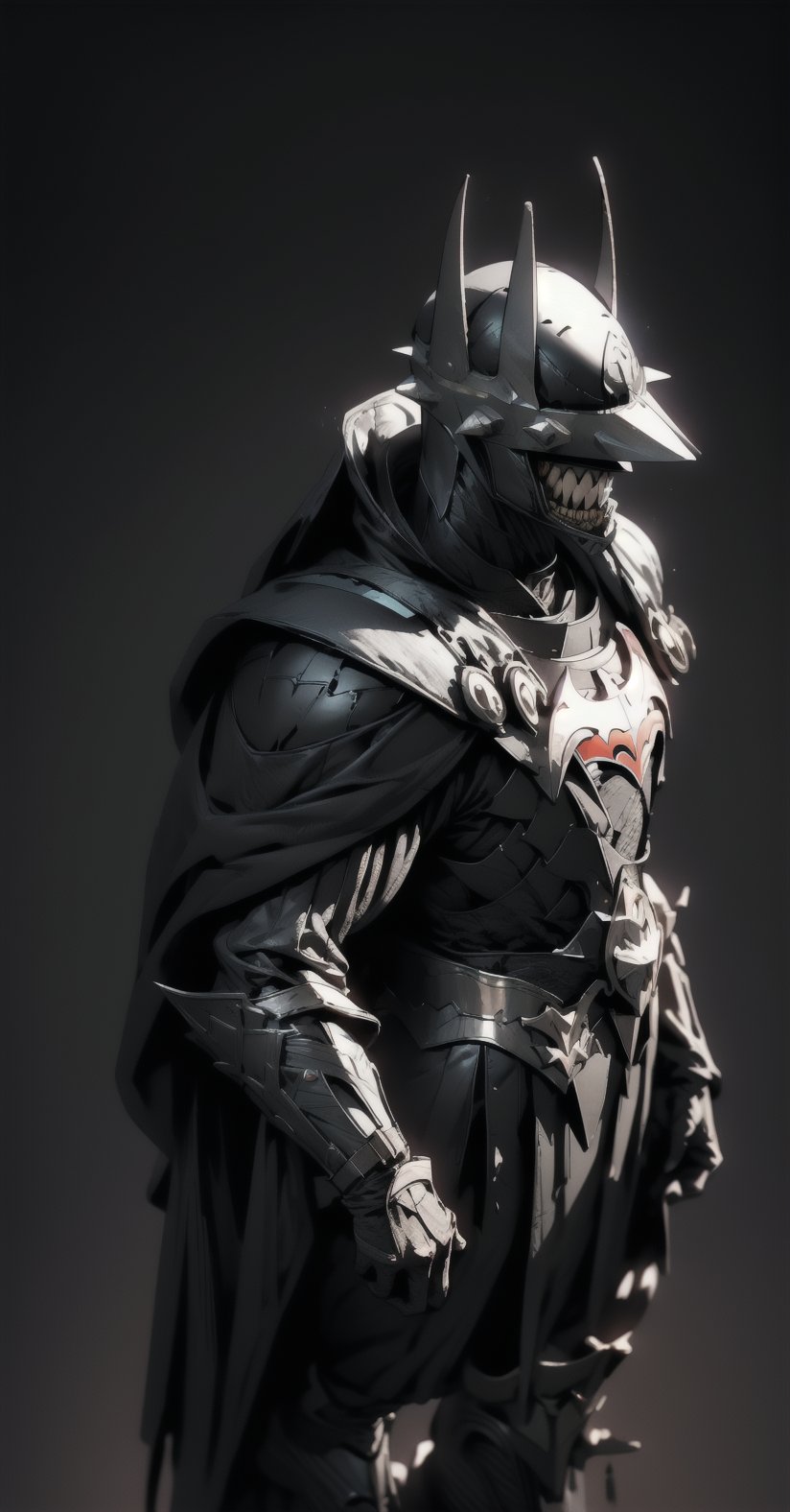 Batman who laughs, ((full-body_portrait)), ((dark room:1.4)), standing_up, upper_body knight armor, black armor, lower body knight armor,nijistyle