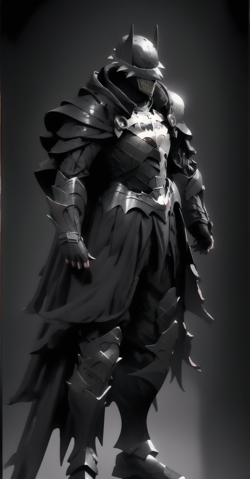 Batman who laughs, ((full-body_portrait)), ((dark room:1.4)), standing_up, upper_body knight armor, black armor, lower body knight armor,nijistyle