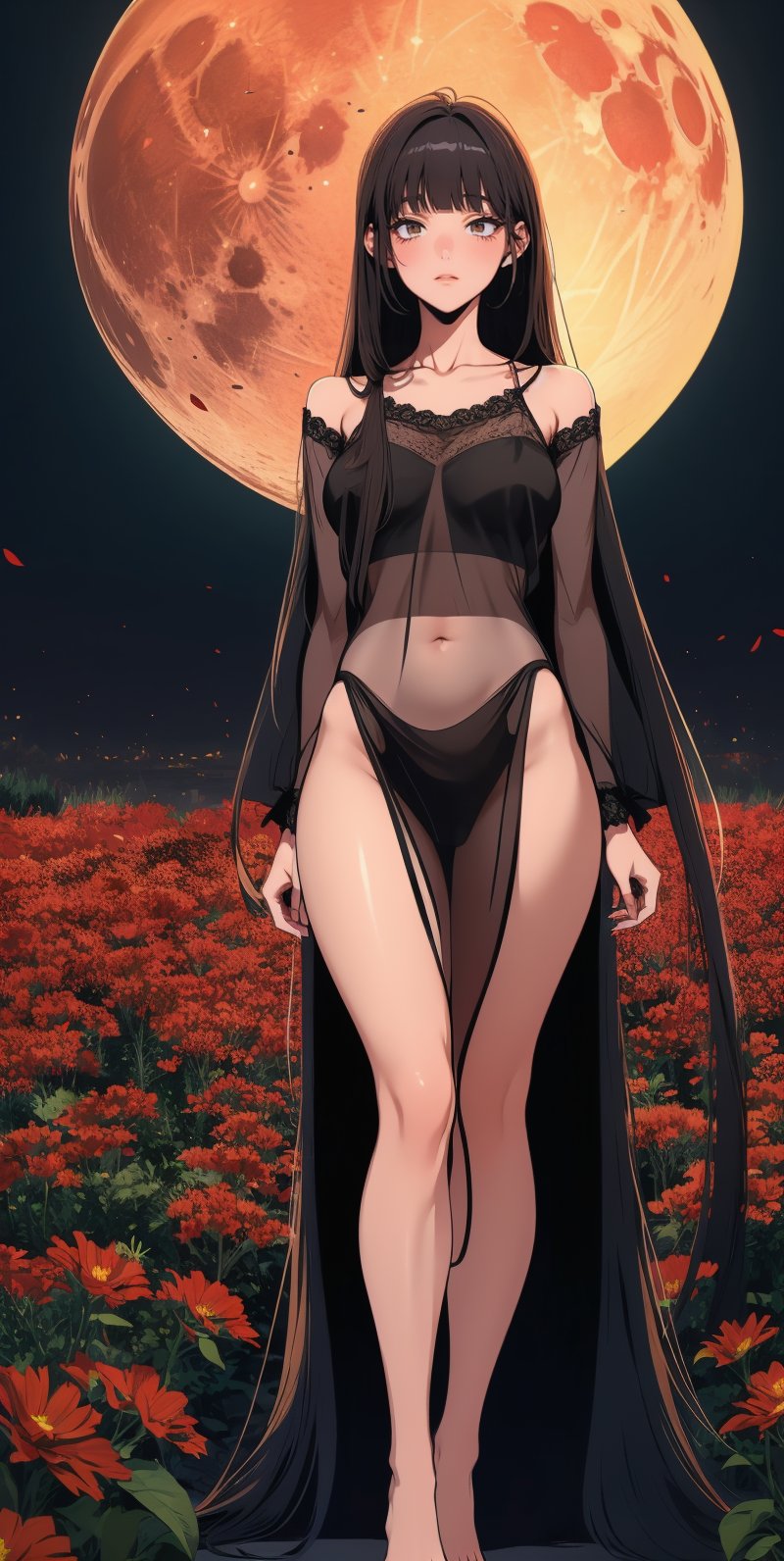 (Asian woman), brown_eyes, (black_hair), (long straight hair), (straight hair:1.4),, bangs, normal breasts quality, see-through, black nightgown, full body standing, night, red moon, a field of red flowers,