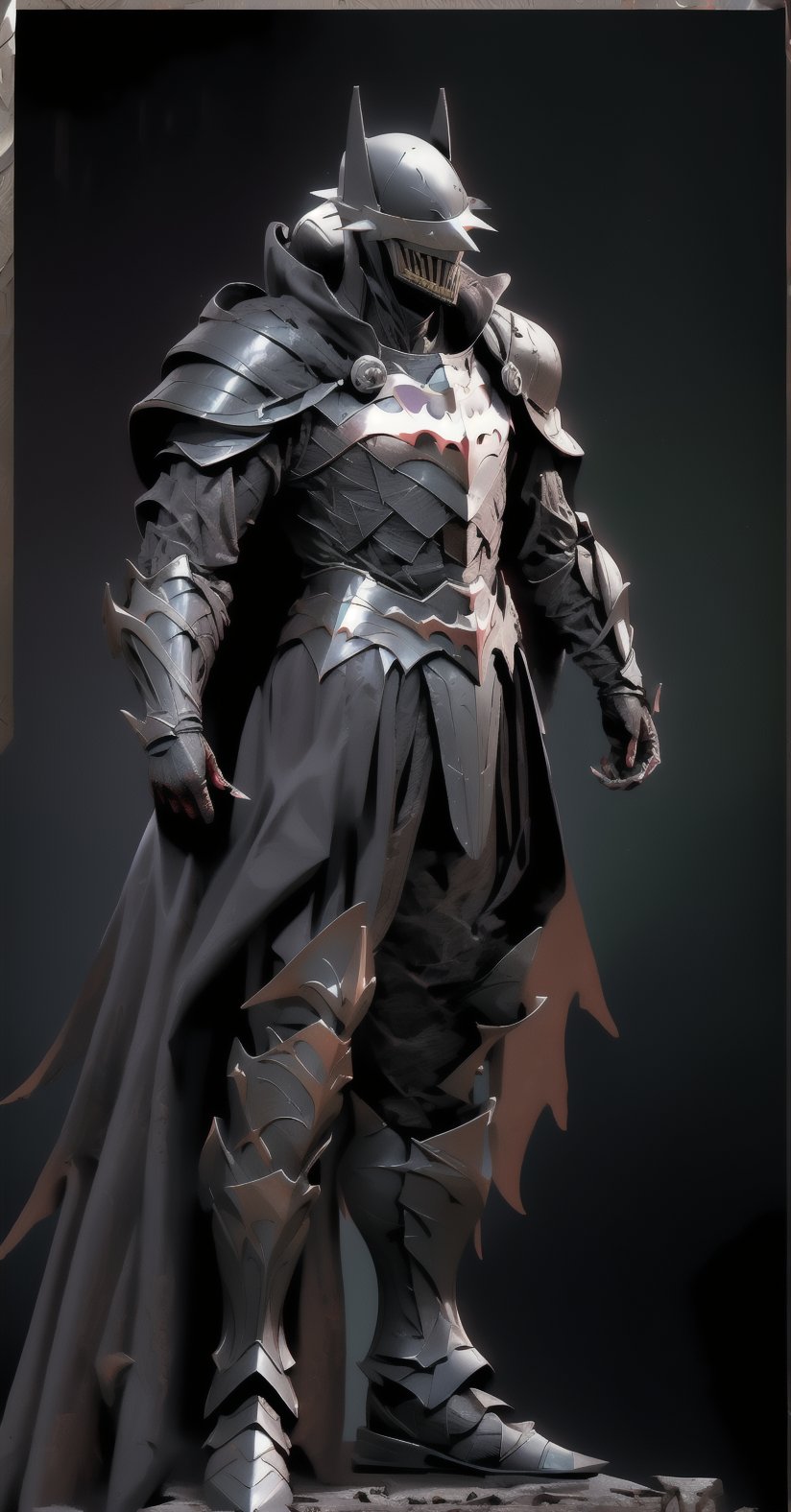 Batman who laughs, ((full-body_portrait)), ((dark room:1.4)), standing_up, upper_body knight armor, black armor, lower body knight armor,nijistyle