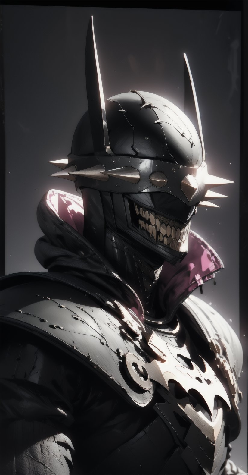 Batman who laughs, ((full-body_portrait)), ((dark room:1.4)), standing_up, upper_body knight armor, black armor, lower body knight armor,nijistyle