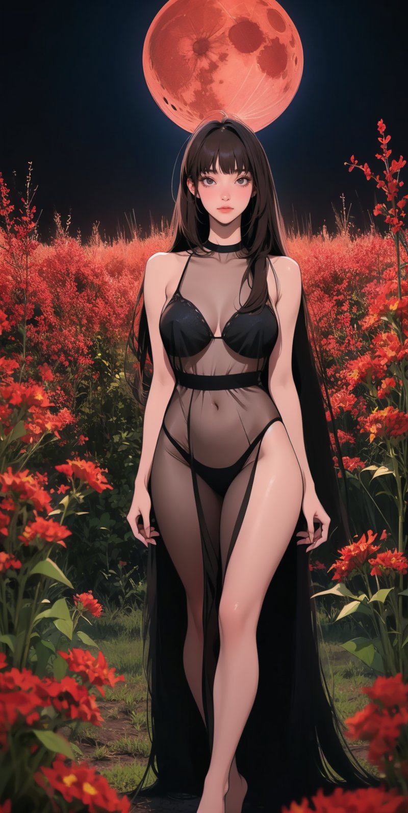 (Asian woman), brown_eyes, (black_hair), (long straight hair), (straight hair:1.4),, bangs, normal breasts quality, see-through, black nightgown, full body standing, night, red moon, a field of red flowers