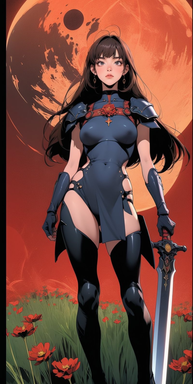 (Asian woman), angry look, brown_eyes, (black_hair), long_hair, bangs, normal breasts quality, medieval time, black armor, full body standing, night, red moon, a field of red flowers, holding_weapon, sword, 