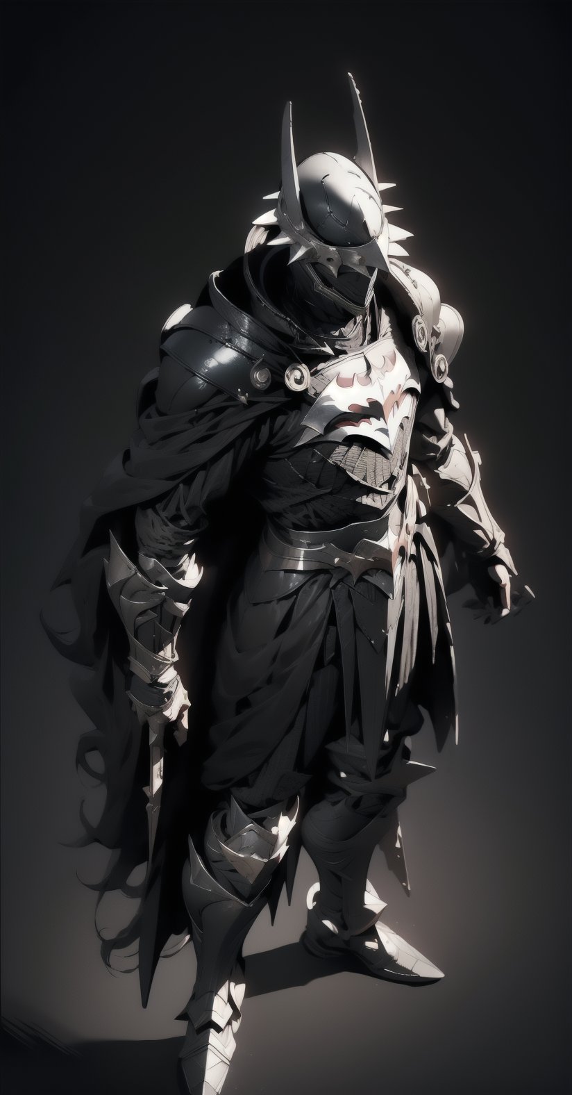 Batman who laughs, ((full-body_portrait)), ((dark room:1.4)), standing_up, upper_body knight armor, black armor, lower body knight armor,nijistyle