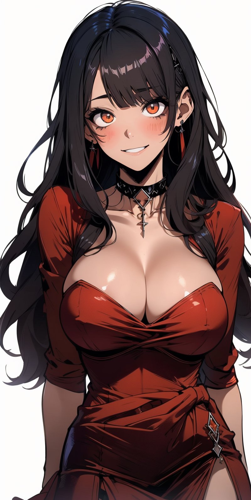 gothic style, brown skin, blush, black hair, bangs, tender smile, dark clothes, large breasts quality, beauty_mark, cleavage, red dress with two high front slits, 4k good quality package, full_body 