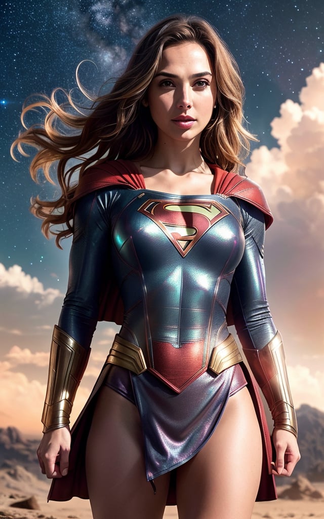 nude masterpiece, supergirl, best quality, 8k, photo of beautiful (supergirl costume:1.2) Gal Gadot style,Gal Gadot face, Gal gadot looks, centered, masterpiece, red mini skirt, big size breast,  wavy blonde hair, wide hips, red tight mini skirt, thick thighs, spread legs, pubic tattoo, sexy, | wet, natural skin texture, soft cinematic light, elegant, (cinematic look), (saturated colors:1.1), | soft cinematic light, (detailed cloudscape:1.1), beautiful face, beautiful eyes, fantasy, | bokeh, depth of field, space background, stars, planets ,sexy body, toned muscles,  (long messy iridescent hair:1.3), detailed skin texture, BREAK,  photorealistic, highly detailed, windblow, defocus photo, space background, galaxy, real life lighting, highlights, bright instagram LUT