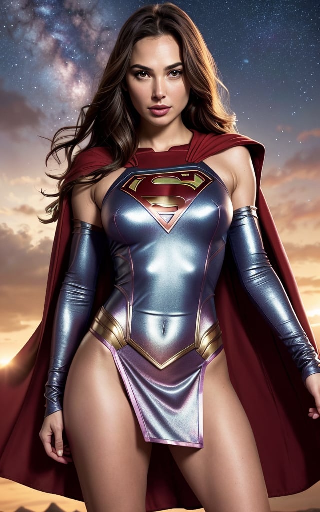 nude masterpiece, supergirl, best quality, 8k, photo of beautiful (supergirl costume, full red mini skirt, tight dress) Gal Gadot style,Gal Gadot face, Gal gadot looks, centered,  looking_at_viewer, ((over the shoulder)), masterpiece, head tiara, big size breast,  wavy hair, wide hips, red tight mini skirt, thick thighs, short cape, spread legs, pubic tattoo, sexy, | wet, natural skin texture, soft cinematic light, elegant, (cinematic look), (saturated colors:1.1), | soft cinematic light, (detailed cloudscape:1.1), beautiful face, beautiful eyes, fantasy, | bokeh, depth of field, space background, stars, planets ,sexy body, toned muscles,  (long messy iridescent hair:1.3), detailed skin texture, BREAK,  photorealistic, highly detailed, windblow, defocus photo, space background, galaxy, real life lighting, highlights, bright instagram LUT