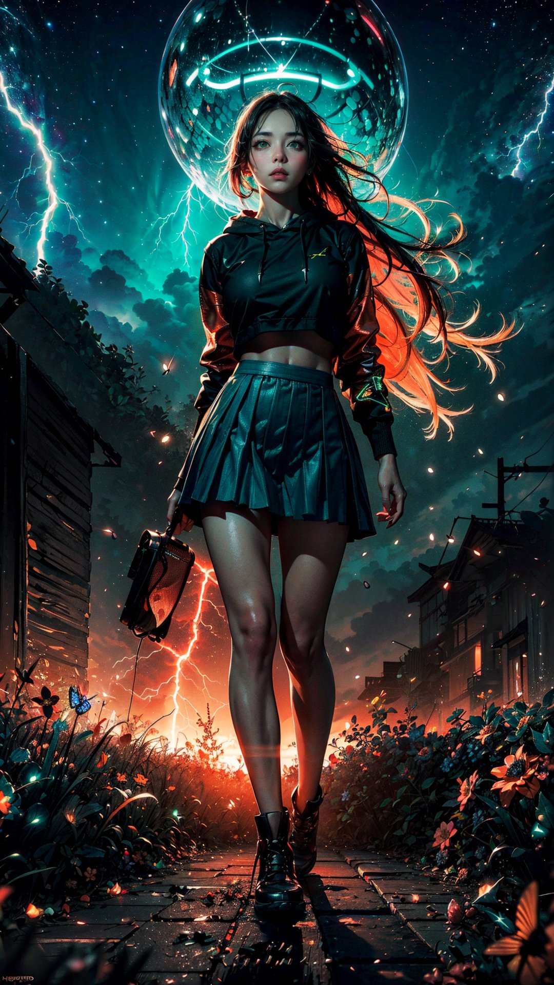 ((masterpiece)), xxmix_girl, (a woman with long hair wearing short skirt, green eyes:1.4), on a open field of flowers, wind:1.4, (full body shot), (looking upward, surprised:1.2), beautiful, aesthetic, lantern festival, (((night sky full of lightning bug))), embers of memories, colorful, glitter, (wide angle lens), (photo-realisitc), (perfect anatomy:1.2), detailed eyes:1.2, exposure blend, medium shot, bokeh, (realistic style), extremely detailed, (hdr:1.4), high contrast, (cinematic, black and orange:0.85), (muted colors, dim colors, soothing tones:1.3), low saturation, cropped hoodie underboob, large breast, SILHOUETTE LIGHT PARTICLES