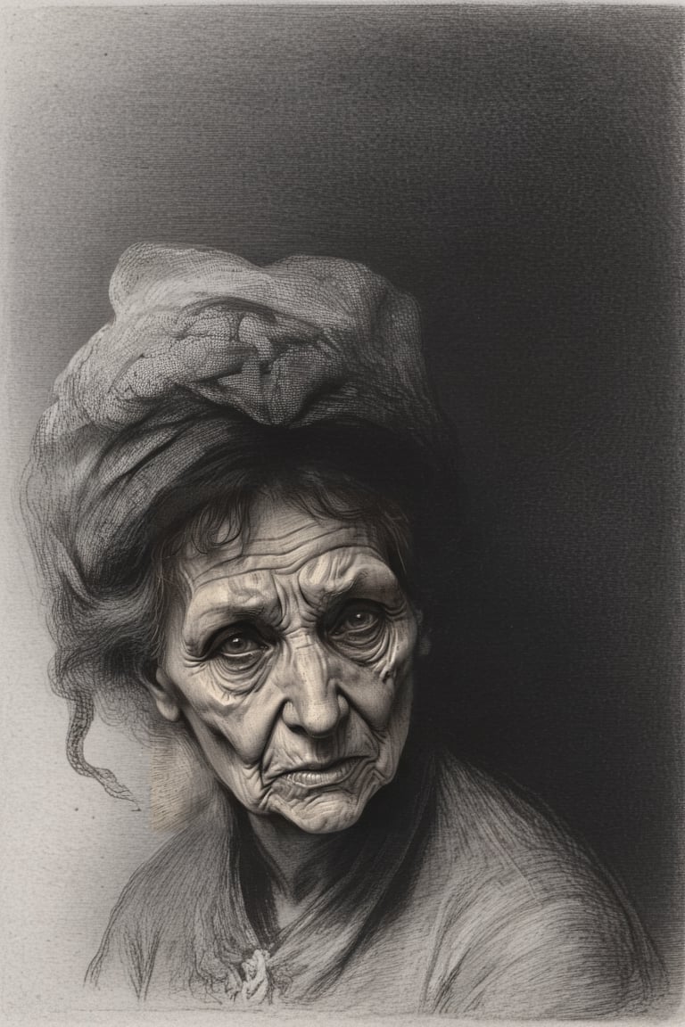 a black and white etching drawing of an old woman, by Honoré Daumier, Gustave doré, romanticism, wise old woman, hyperbolic expression, vanitas, expressive formal portrait, Gustave Dore engraving, old woman, closeup of hand, highly detailed, weak and weary,Head wrinkled, inspired by Ernest Pignon Ernest, hd illustration,more detail XL,pencil sketch,<lora:659095807385103906:1.0>