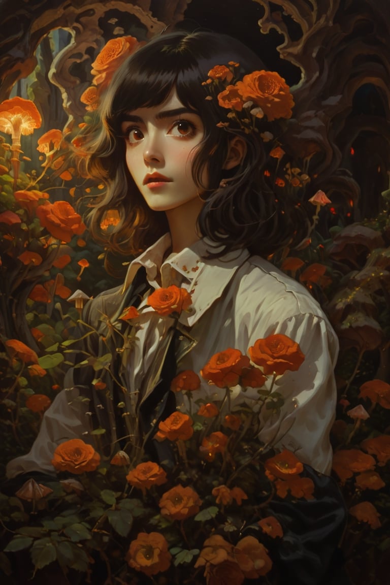 (Arielfstyle:1.0), Retro Ghibli scene, dark dream, terror, creepy, Creepy, Painting, lovecraftian, Ameinu, Black hair, black jackets, Brown hair, devil, blossom, high resolution, blazer, Orange Eyes, red flower, red rose, rozen, shirt, Short hair, White shirts, style of Ghibli studio,masterpiece, best quality,HellAI,mushroomfantasy