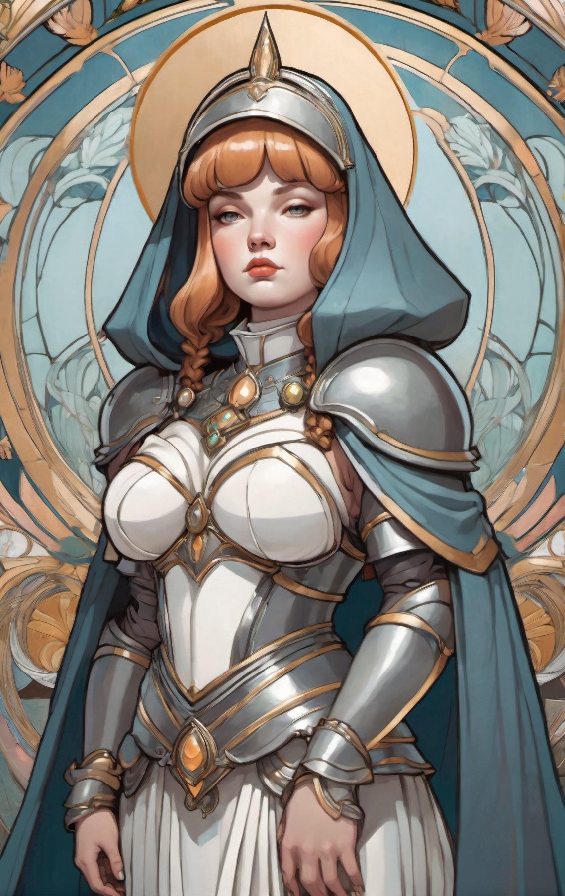 a 2D illustration of a curvy fantasy nun warrior wearing intricate armor,  ((thicc, curvy figure, huge breasts, wide hips, thick thighs)),  beautiful, alphonse mucha,  art nouveau,  half body, more detail XL,