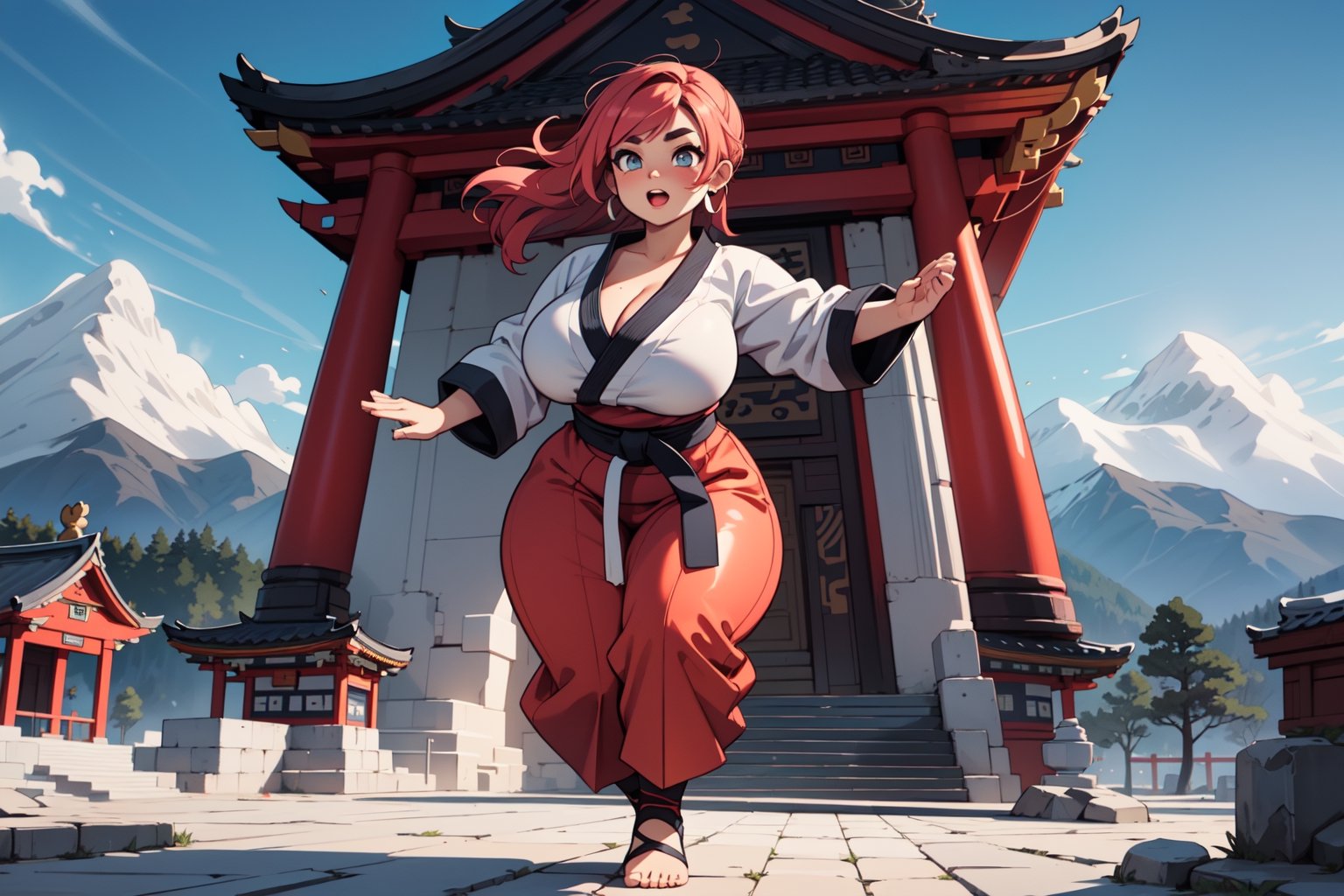 anime illustration, cute, chubby, ((martial artist)), 1girl, ((shortstack, curvy figure, overweight, large breasts, thicc)), thick eyebrows, full body, vibrant colors, dynamic lighting, dynamic angle, detailed eyes, (mountain temple background),