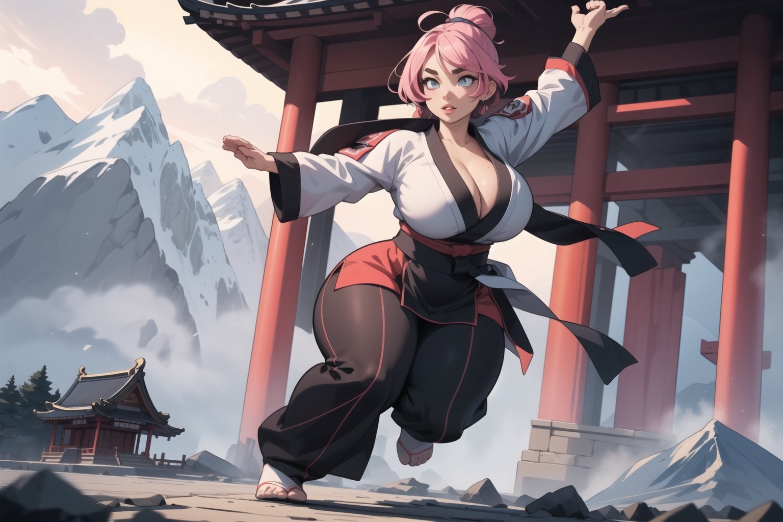 anime illustration, cute, chubby, ((martial artist)), 1girl, ((shortstack, curvy figure, overweight, large breasts, thicc)), thick eyebrows, (full lips), full body, vibrant colors, dynamic lighting, dynamic angle, detailed eyes, (mountain temple background),