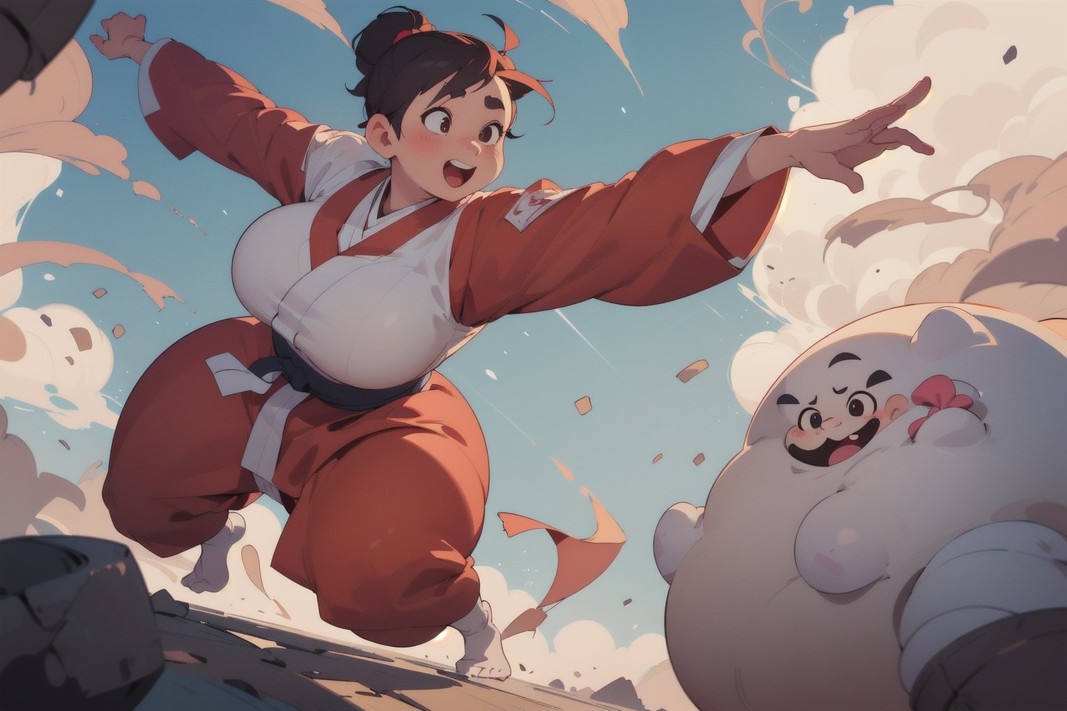 anime illustration, cute, chubby, ((martial artist, monk)), 1girl, ((shortstack, curvy figure, overweight, large breasts, thicc)), thick eyebrows, full body, vibrant colors, dynamic lighting, dynamic pose,