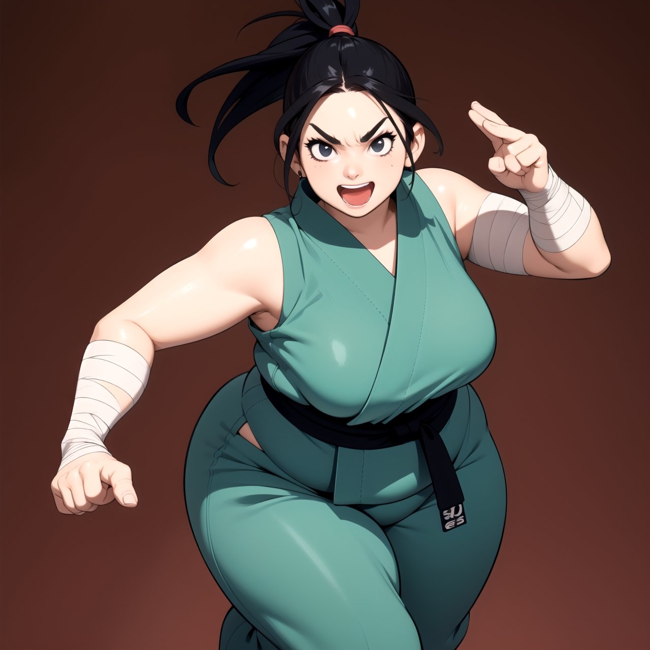 masterpiece, best quality, mature female, plump, action pose, short black hair, thick eyebrows, tan skin, martial artist, (bandages, hip vent, japanese clothes, ninja), action pose, excited, happy, ((dynamic angle)), dojo background, ((manga style illustration)),