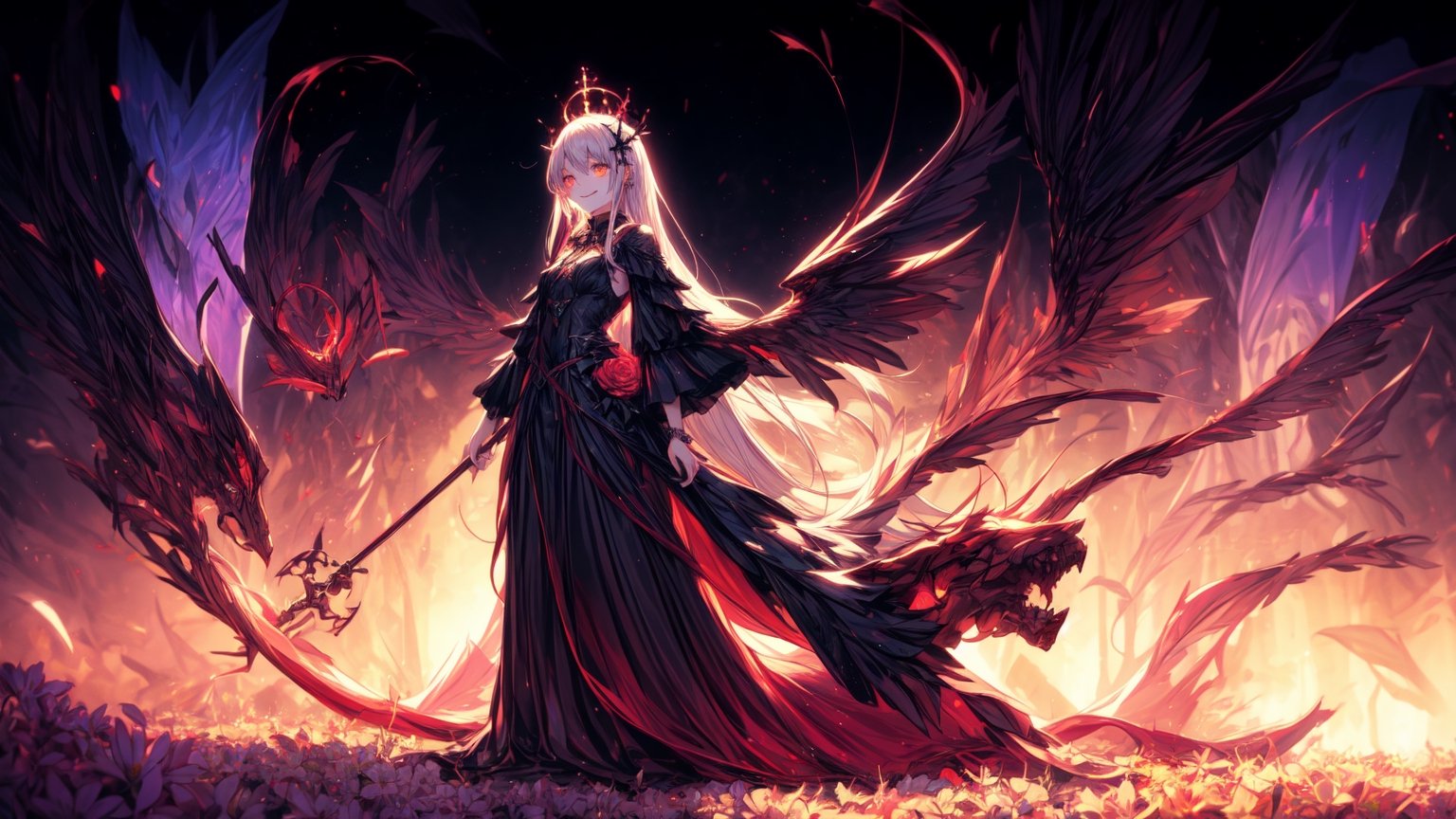 anime, woman in a long dress standing in a field of flowers, best quality, 4k, anime art wallpaper, goddess of death, 4k anime wallpaper, gothic maiden anime girl, anime fantasy artwork, beautiful male god of death, beautiful necromancer, anime epic artwork, flowers, flowing flowers, masterwork, normal face, the flowewr glow intense, 1girl, standing infront of a wooden cross, centered, gravejard, white eyes, smiling,glowing gold,Glowing dots on body,glowingveins,Bio Glowin neon line and dots on skin 