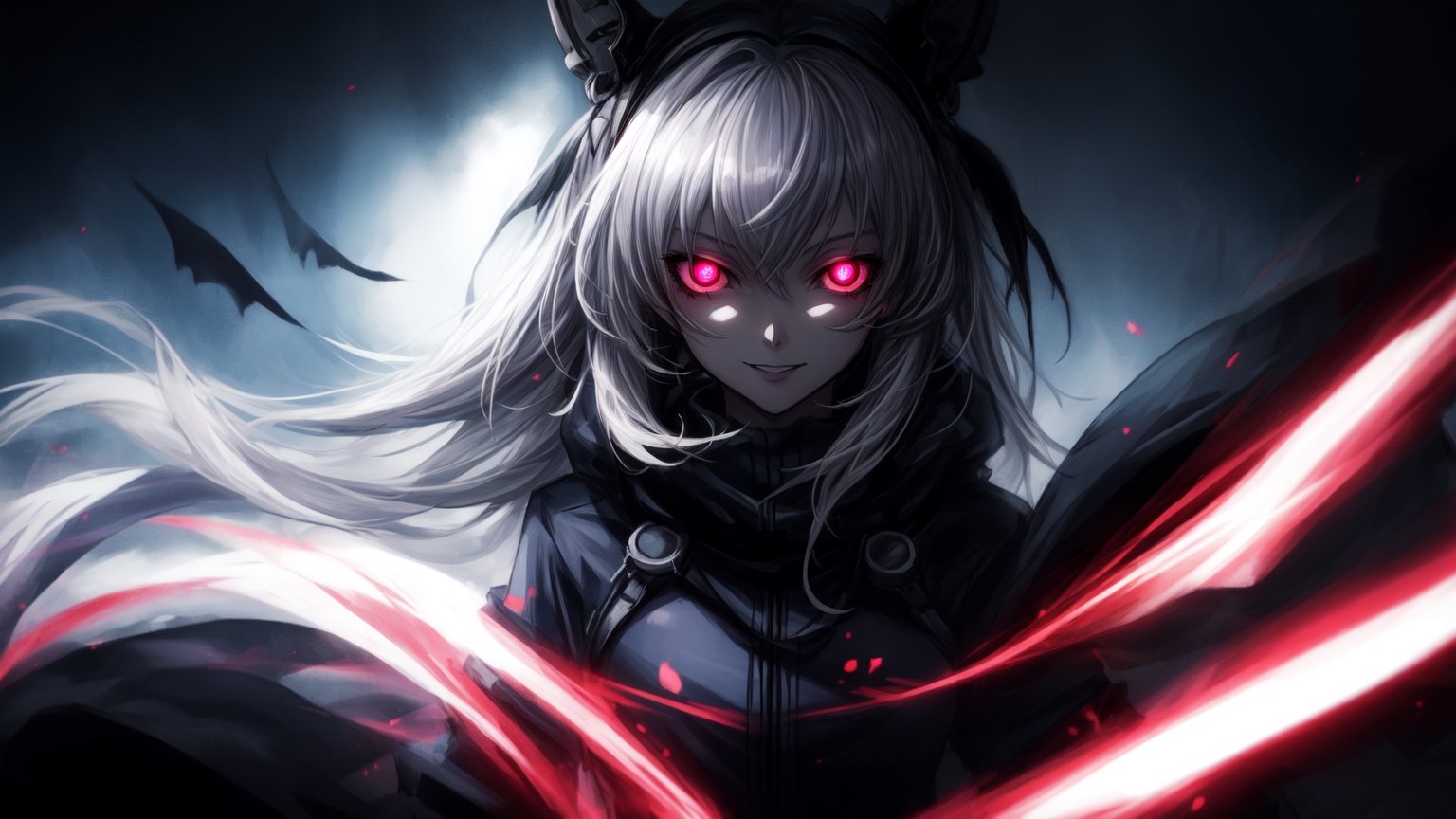 best quality, masterwork, high quality, anime art style, dark background, creepy, whide dmile, glowing eyes, 1girl, complex_background