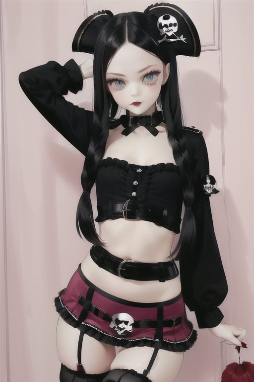 ounk prostitute girl with flared black and white striped miniskirt and buccaneer stockings and high laced borseguies high...
