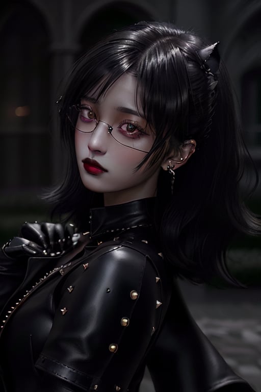 black haired european girl with (tortoiseshell glasses), dark lips outdoors, pierced nose and lips leather studded clothing rich colors on lenses realistic hyper realistic texture dramatic lighting unrealengine trend at artstation cinestill 800,realism,realistic,raw,analog,woman,portrait,