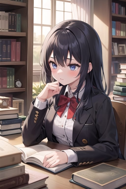 A girl analyzing a book,more detail 