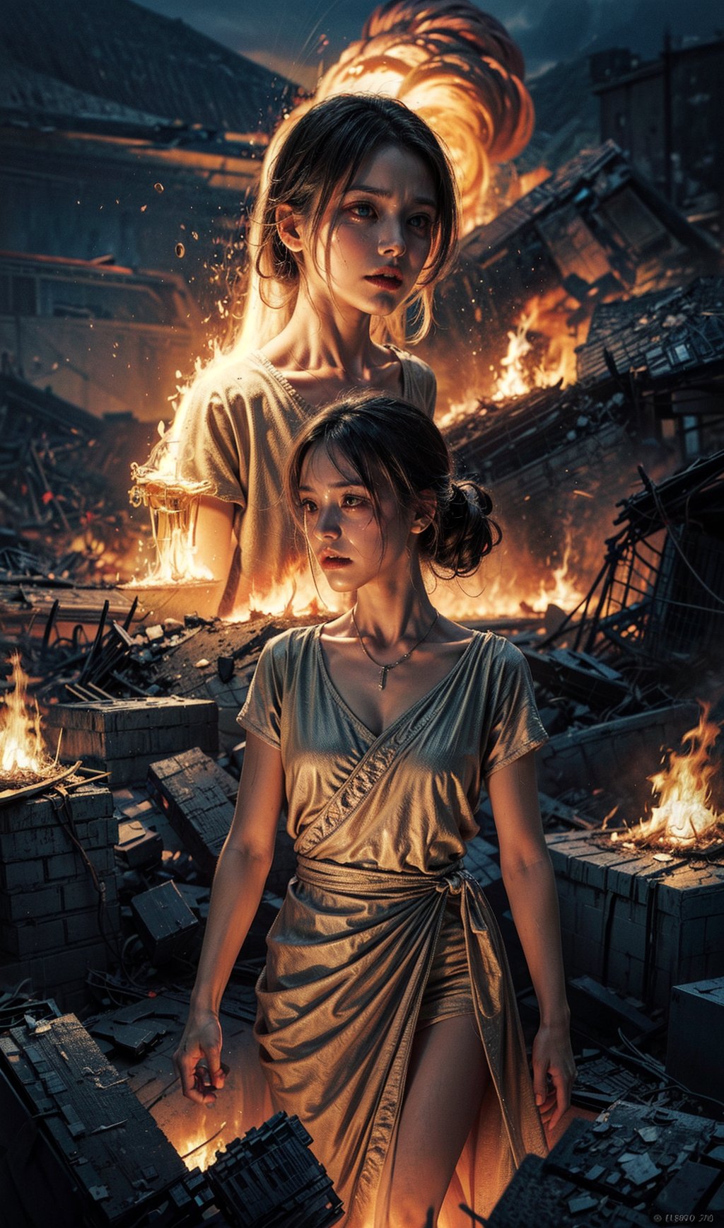 (masterpiece, best quality), intricate details,(masterpiece, top quality, best quality, official art, beautiful and aesthetic)16K, HD, mastepiece, detailed background, close-up view


In the midst of a raging inferno, a girl stands amidst the devastation, her face wearing a profound sadness. Flames dance around her, consuming everything she once held dear. It's evident that she has lost everything she cherished, leaving behind a shattered world.

Her expression speaks volumes of the pain and sorrow she bears, a poignant reminder of the tragedy that surrounds her. The flickering flames cast an eerie glow on her tear-streaked cheeks, accentuating the desolation in her eyes.

Amidst the chaos, she stands strong, yet her vulnerability is palpable. Despite the heart-wrenching loss, her spirit remains unyielding, a testament to the resilience of the human soul even in the face of the most harrowing circumstances.

In this moment of profound sadness, she becomes a symbol of endurance and hope, a reminder that even amidst destruction, there is a glimmer of strength that can ignite the embers of a new beginning.