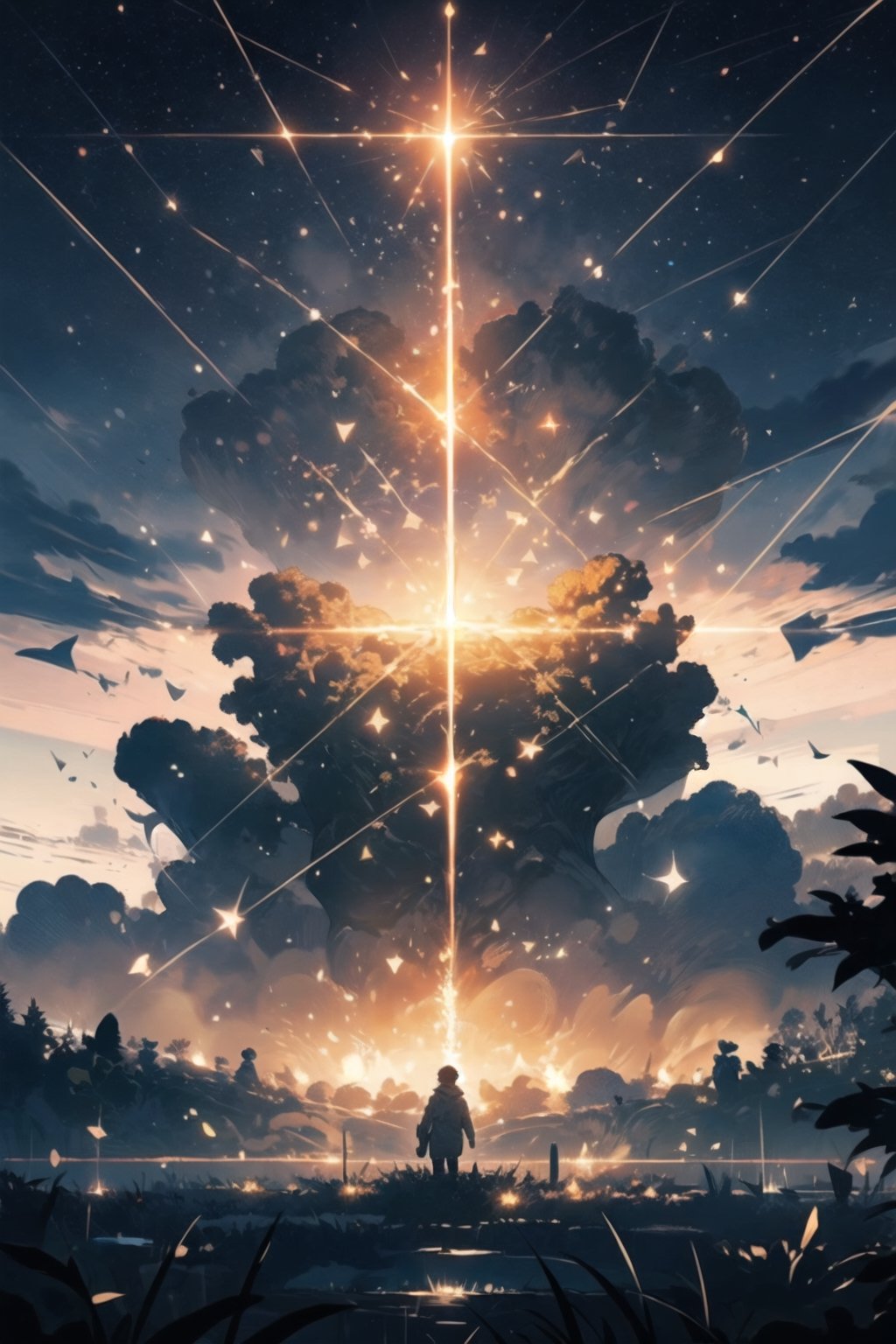 Dawn , intricate, technology suit, recognizing the land, into the forest,only light of the stars, wonderful sky, view from the low, deep background, cinematic light. dynamic light