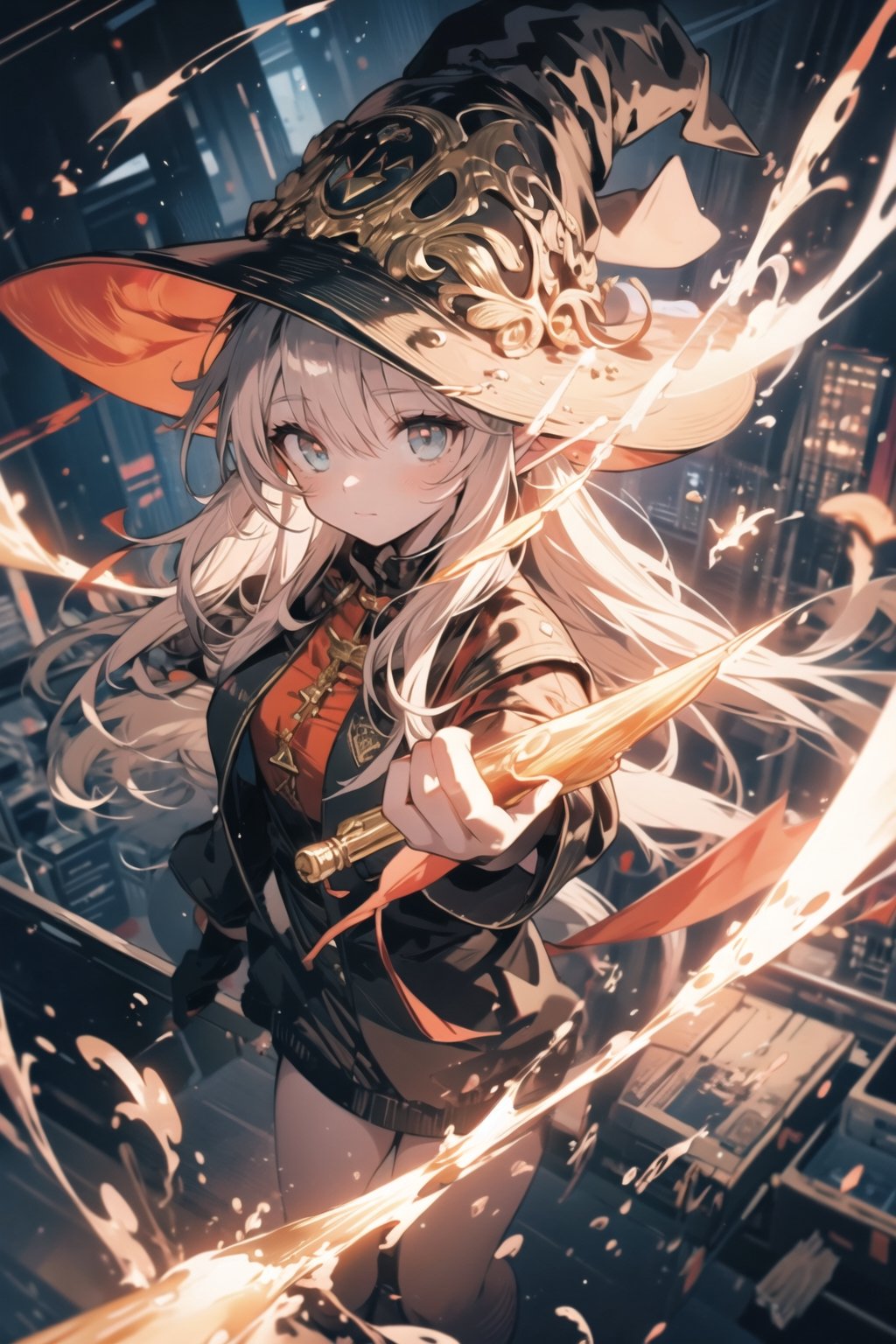 overhead angle shot, pale eyes, golden, shiny, gold hair, High detailed , midjourney, perfecteyes, Color magic, urban techwear, hmochako, high elf, witch, witch, Long hair , long hair