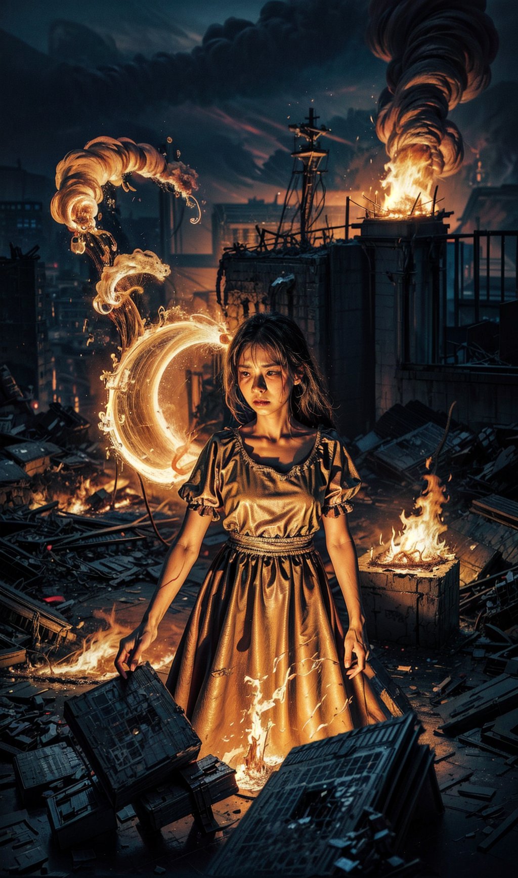 (masterpiece, best quality), intricate details,(masterpiece, top quality, best quality, official art, beautiful and aesthetic)16K, HD, mastepiece, detailed background, close-up view


In the midst of a raging inferno, a girl stands amidst the devastation, her face wearing a profound sadness. Flames dance around her, consuming everything she once held dear. It's evident that she has lost everything she cherished, leaving behind a shattered world.

Her expression speaks volumes of the pain and sorrow she bears, a poignant reminder of the tragedy that surrounds her. The flickering flames cast an eerie glow on her tear-streaked cheeks, accentuating the desolation in her eyes.

Amidst the chaos, she stands strong, yet her vulnerability is palpable. Despite the heart-wrenching loss, her spirit remains unyielding, a testament to the resilience of the human soul even in the face of the most harrowing circumstances.

In this moment of profound sadness, she becomes a symbol of endurance and hope, a reminder that even amidst destruction, there is a glimmer of strength that can ignite the embers of a new beginning.