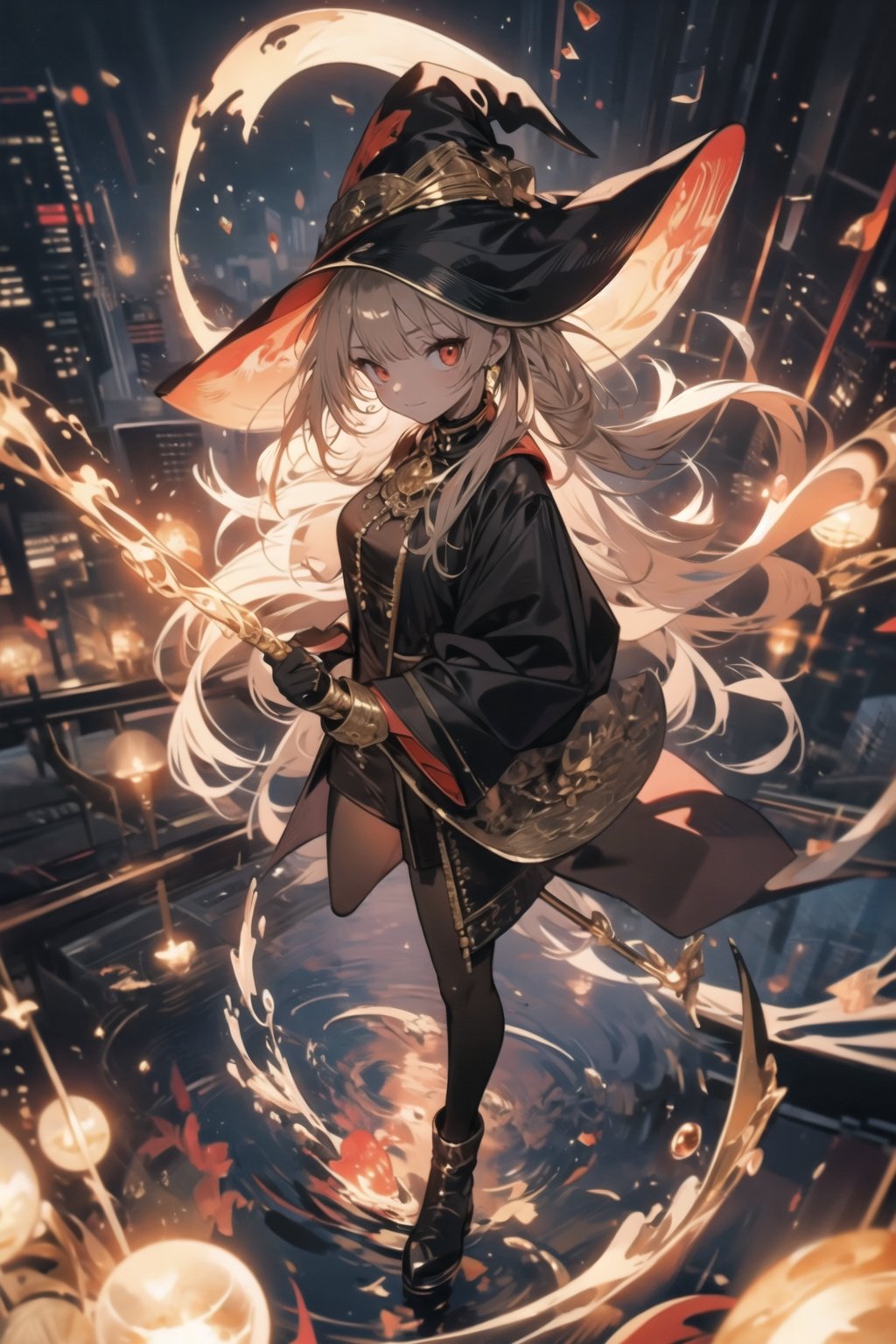 overhead angle shot,Red eyes, evil, golden, shiny, gold hair,High detailed ,midjourney,perfecteyes,Color magic,urban techwear,hmochako,better witch,witch, witch,Long hair ,long hair