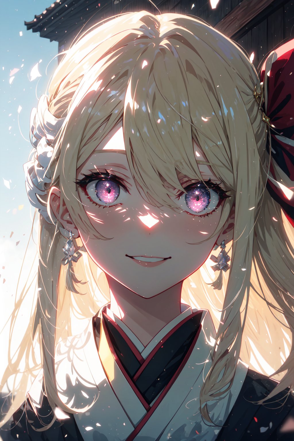 (best quality), (masterpiece), (ultra detailed), (shinomiya kaguya), pink eyes, beautiful detailed eyes, blonde hair, hair ribbon, (looking at viewer), (portrait), smiles slightly, outdoors, scenery, blurry background, vibrance gradient background.