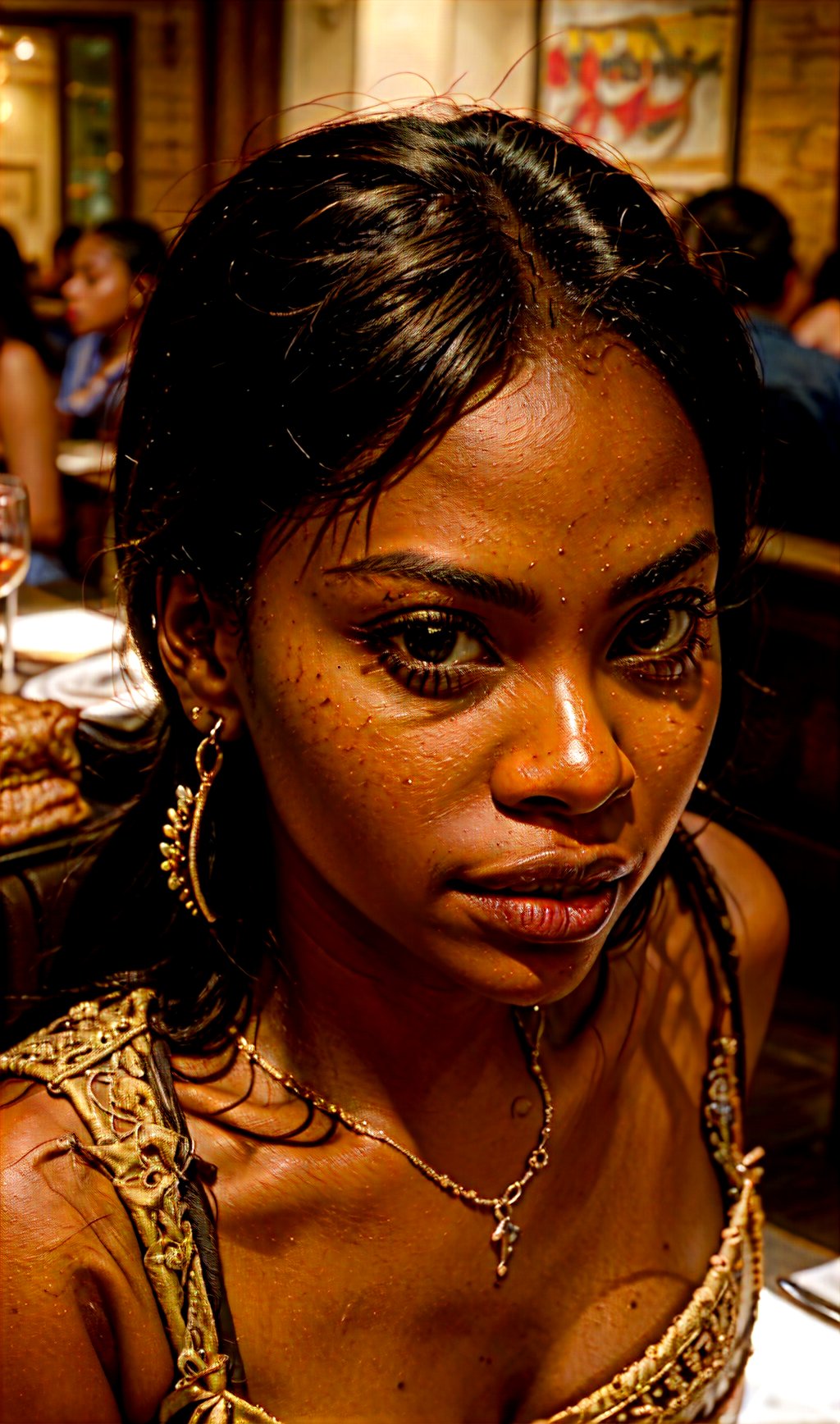 (masterpiece, best quality), intricate details, eating out at a Restaurant. African American girl with long weave. Facing the camera. Close-up view.