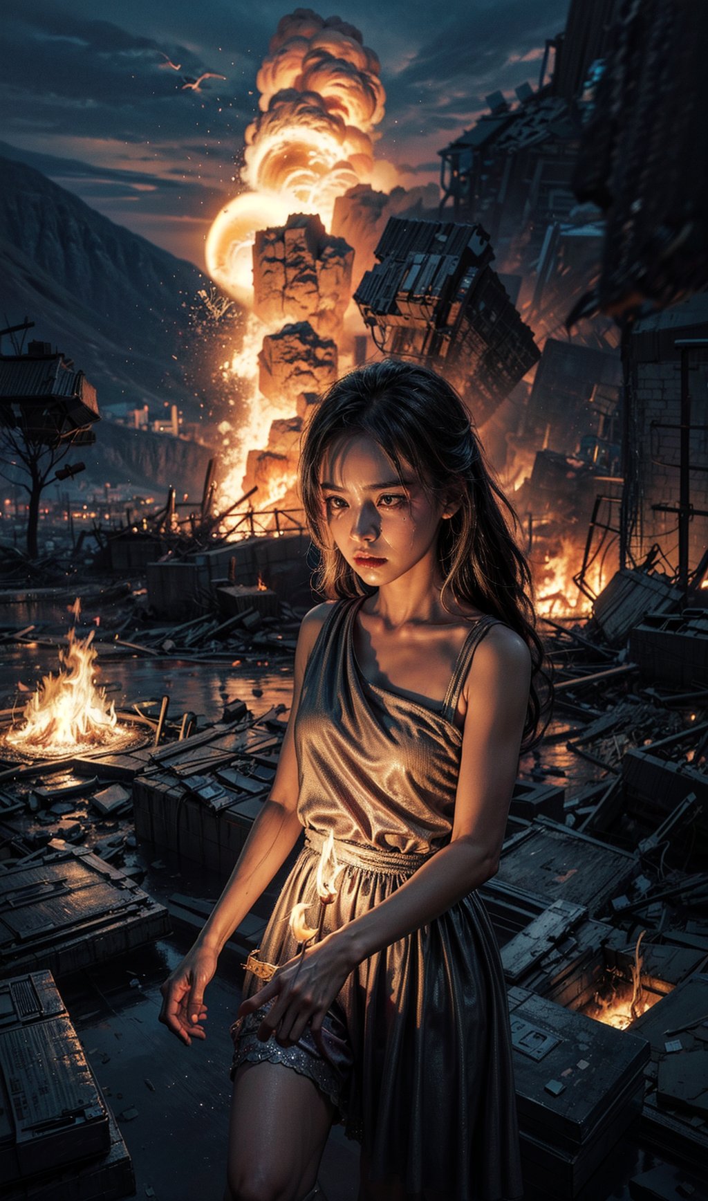 (masterpiece, best quality), intricate details,(masterpiece, top quality, best quality, official art, beautiful and aesthetic)16K, HD, mastepiece, detailed background, close-up view


In the midst of a raging inferno, a girl stands amidst the devastation, her face wearing a profound sadness. Flames dance around her, consuming everything she once held dear. It's evident that she has lost everything she cherished, leaving behind a shattered world.

Her expression speaks volumes of the pain and sorrow she bears, a poignant reminder of the tragedy that surrounds her. The flickering flames cast an eerie glow on her tear-streaked cheeks, accentuating the desolation in her eyes.

Amidst the chaos, she stands strong, yet her vulnerability is palpable. Despite the heart-wrenching loss, her spirit remains unyielding, a testament to the resilience of the human soul even in the face of the most harrowing circumstances.

In this moment of profound sadness, she becomes a symbol of endurance and hope, a reminder that even amidst destruction, there is a glimmer of strength that can ignite the embers of a new beginning.