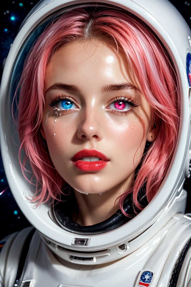 An astronote woman and space, (astronote suit),space helmet,  beautiful and detailed woman, beautiful and detailed eyes, tears in her eyes, glowing eyes, heterochromia eyes, great detail in the tears, rimel of the eyes desalineated by crying, shiny pink hair, freckles in the pins, red lips, decayed lips, tears for the pins and mouth, semi -open lips,Heterochromia, porcelain skin, huge planets background, 