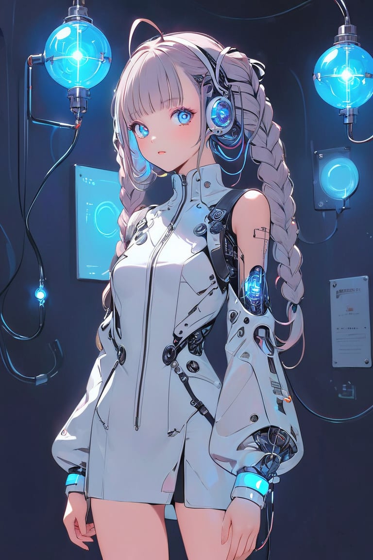 Create a detailed illustration of a young girl in a futuristic, cyberpunk environment. The young woman must have a unique and striking style, with the following characteristics:

Hair:

Bright blue color.
Braided into two long braids that fall in front of her shoulders.
Face:

Delicate and youthful, with large and expressive eyes.
A mark or tattoo in the shape of small stars under one of her eyes.
Outfit:

A loose white or light gray suit, with stitching and zipper details.
The suit should appear functional and designed for technological or exploratory activities.
Equipment:

her head connected with cables and lights, and an antenna.
One of the young woman's arms must be a robotic prosthesis, with cables, connectors and visible mechanical parts. The robotic body should have a cracked, luminous sphere.
Background and Environment:

A busy place, such as a convention or technology fair, with people out of focus in the background.
Bright lighting, with neon lights and reflections to add to the futuristic atmosphere.
The image should capture the essence of the cyberpunk style, with a mix of technological and human elements, and an artistic touch reminiscent of comic or manga art.