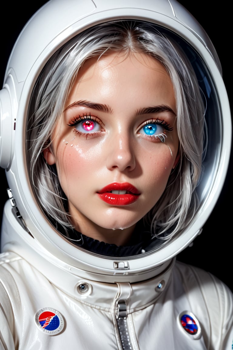 An astronaut woman and space, (astronaut suit),space helmet,  beautiful and detailed woman, beautiful and detailed eyes, tears in her eyes, glowing eyes, heterochromia eyes, great detail in the tears, rimel of the eyes desalineated by crying, silver hair, freckles in the pins, red lips, decayed lips, tears for the pins and mouth, semi -open lips,Heterochromia, huge planets background, 