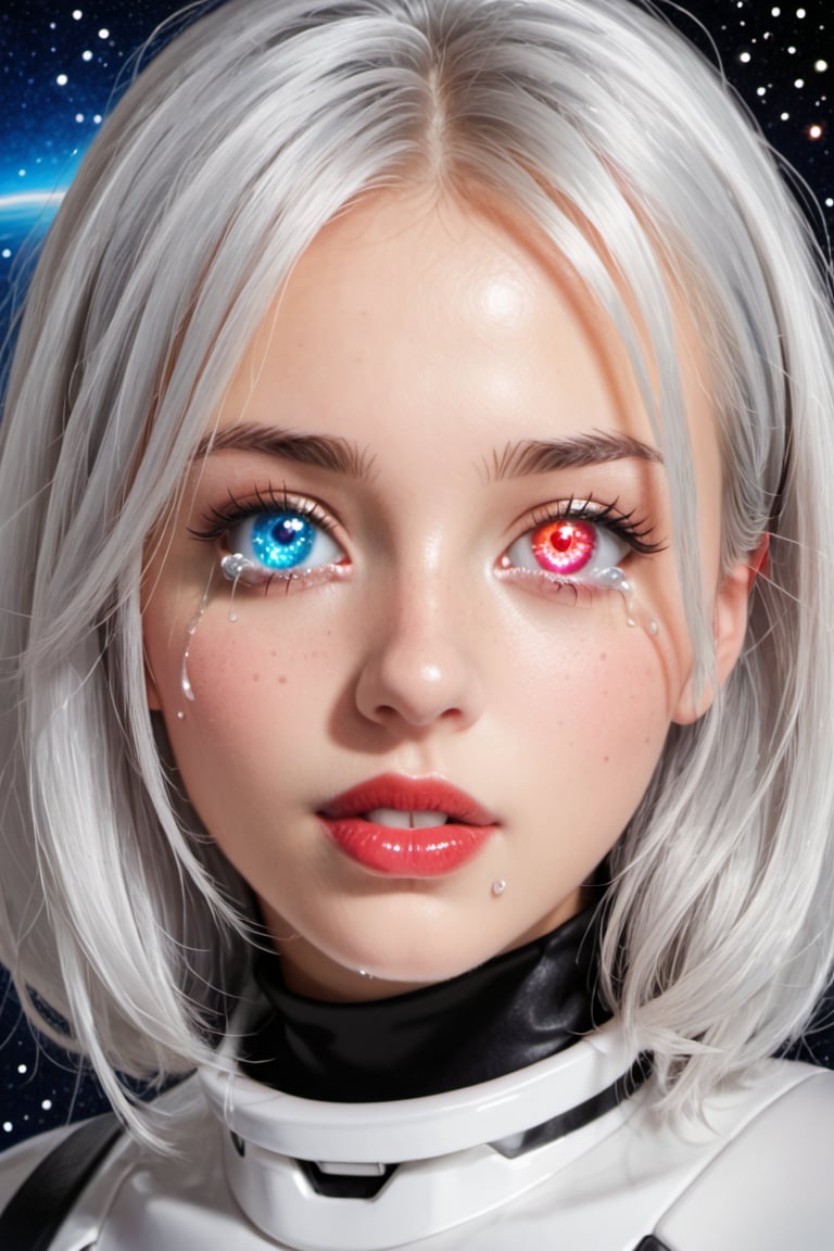 An astronote woman and space, (astronote suit), beautiful and detailed woman, beautiful and detailed eyes, tears in her eyes, glowing eyes, heterochromia eyes, great detail in the tears, rimel of the eyes desalineated by crying, silver hair, freckles in the pins, red lips, decayed lips, tears for the pins and mouth, semi -open lips,Heterochromia, planets background, 