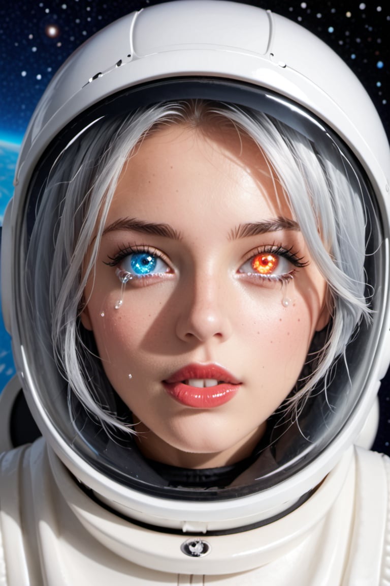 An astronaut woman and space, (astronaut suit), (astronaut helmet), beautiful and detailed woman, beautiful and detailed eyes, tears in her eyes, glowing eyes, heterochromia eyes, great detail in the tears, rimel of the eyes desalineated by crying, silver hair, freckles in the pins, red lips, decayed lips, tears for the pins and mouth, semi -open lips,Heterochromia, planets background, 