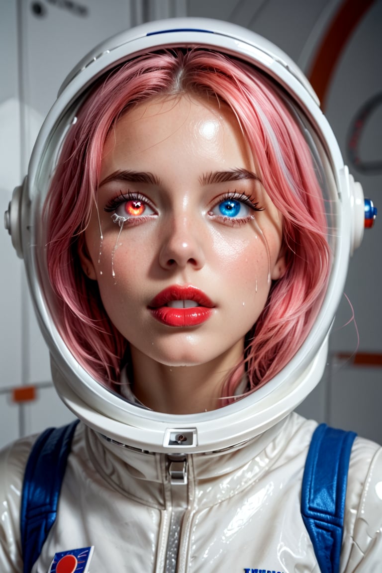 An astronaut woman and space, (astronaut suit),space helmet,  beautiful and detailed woman, beautiful and detailed eyes, tears in her eyes, glowing eyes, heterochromia eyes, porcelain skin, great detail in the tears, rimel of the eyes desalineated by crying, shiny pink  hair, freckles in the pins, red lips, decayed lips, tears for the pins and mouth, semi -open lips,Heterochromia, porcelain skin, huge planets background, 