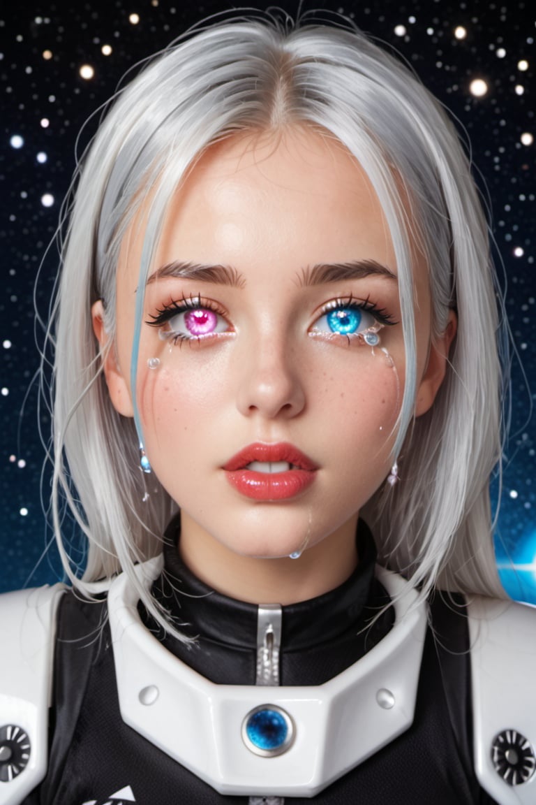 An astronote woman and space, (astronote suit), beautiful and detailed woman, beautiful and detailed eyes, tears in her eyes, glowing eyes, heterochromia eyes, great detail in the tears, rimel of the eyes desalineated by crying, silver hair, freckles in the pins, red lips, decayed lips, tears for the pins and mouth, semi -open lips,Heterochromia, huge planets background, 