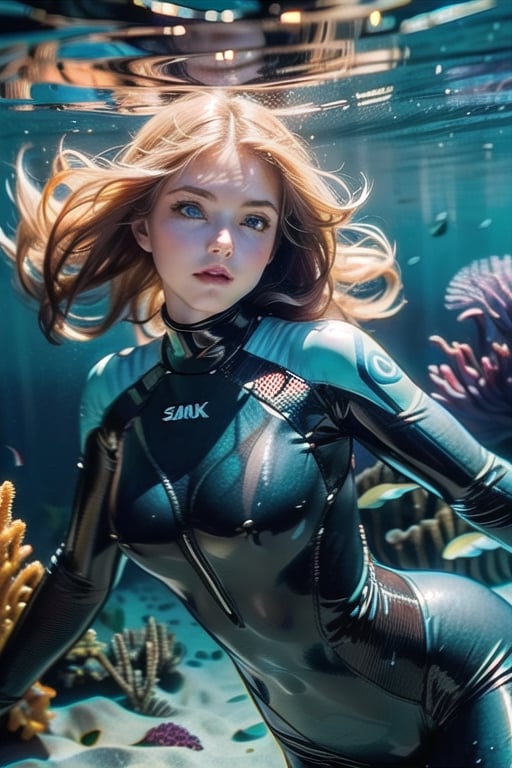 A real photo of a young female explorer, put on wetsuit and Investigating underwater of the ocean, a strong and athletic build, Her wavy hair floats around her like a halo, ((deep,  glowing ocean-blue eyes)), (a sank ancient shipwreck under the sea In the background), covered nipples:1.3,