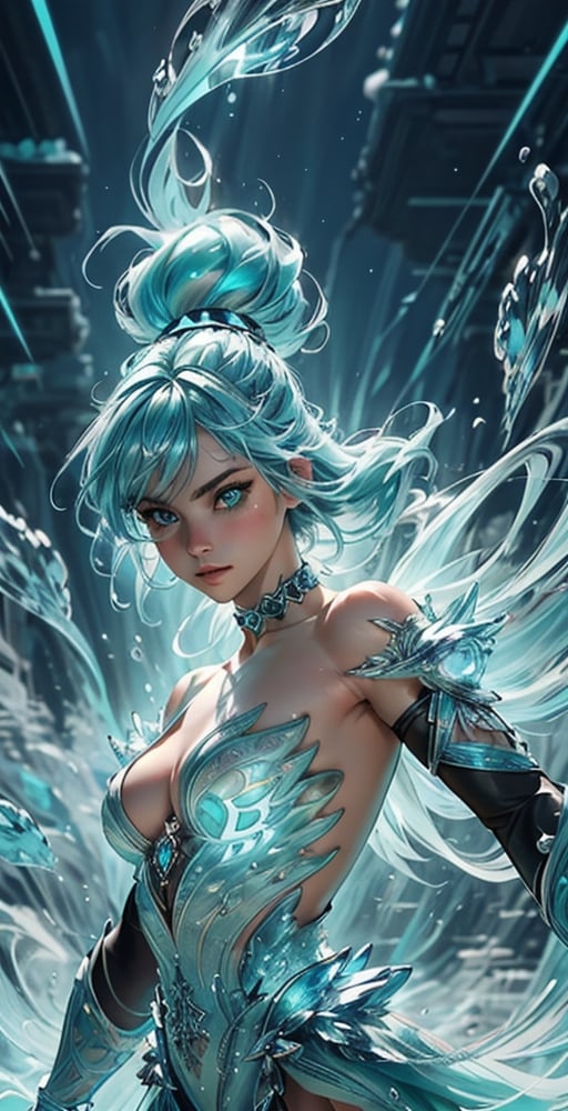 official art, unity 8k wallpaper, ultra detailed, beautiful and aesthetic, beautiful, masterpiece, best quality, dynamic angle, cowboyshot, the most beautiful form of chaos,chaotic energy, elegant, a brutalist designed, vivid colours, romanticism
Aqua_hair/cyan_eyes,in a dress of transparent Aqua , a beautiful crystalline crown on her head, detailed face, detailed skin, front,upper body, background Aqua forest, cover, unzoom, choker, hyperdetailed painting, luminism, Bar lighting, complex, fractal isometrics details bioluminescens : a stunning realistic photograph 30 years,dynamic pose,fighting_stance, Nude, full_body