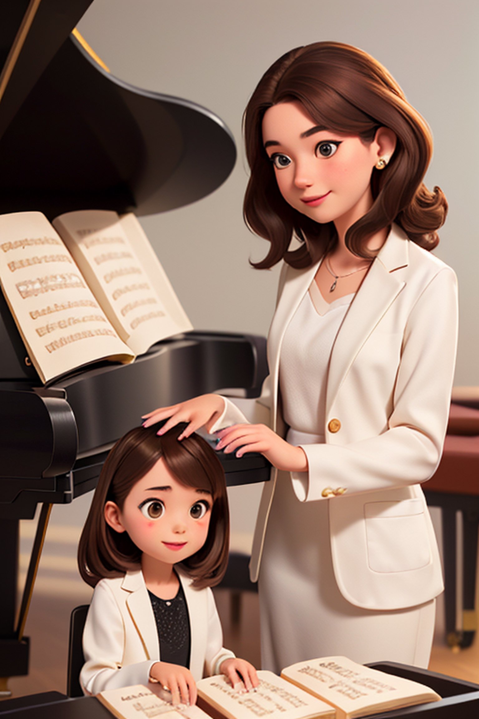 (((a teacher teaching the piano and a student playing the piano))), catoon, ((a piano teacher of a brown hair and a white jacket teaching the piano lesson to a 10 yo child,  a grand  piano)),  masterpiece,  best quality,  absurdres,  uhd,  1girl,  wavy hair,  (((brown hair))),  smile,  JP_MODELS,  a 30 yo woman,  realhands,  IncrsClownMakeupMeme,  horror,   ,   ,   ,  realhands,  ,  ,  , sticker, 