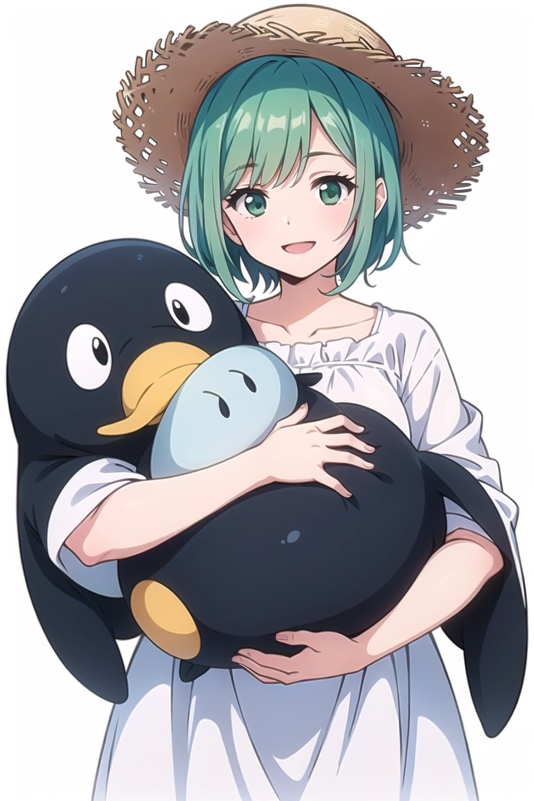 Perfect Beauty 1.5, ((white background)), ((no background)), beautiful girl,green Hair, ((wearing white dress)), alone, (very big straw hat), short-cut hair,18 years old, (Happy face),Nene odagiri,large stuffed pengin, ((face buried in stuffed animal)), ((very large stuffed pengin)),one  stuffed animal,large pengin